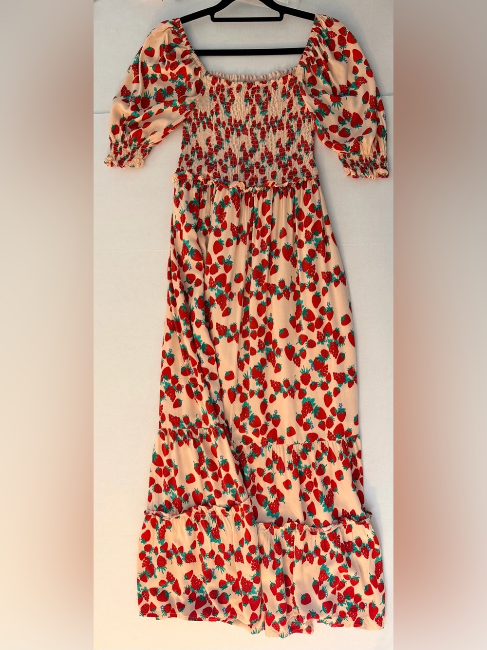 Betsey Johnson Flowy Strawberry & Raspberry Print Smocked Maxi Dress, Size S - Picture 6 of 11